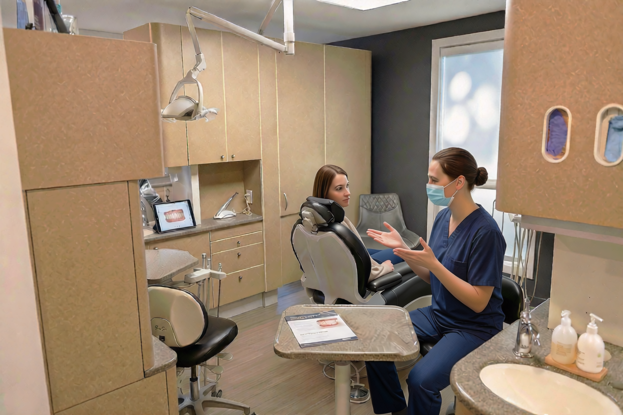 Dentist in conversation with patient at Babcock Holistic Dentistry